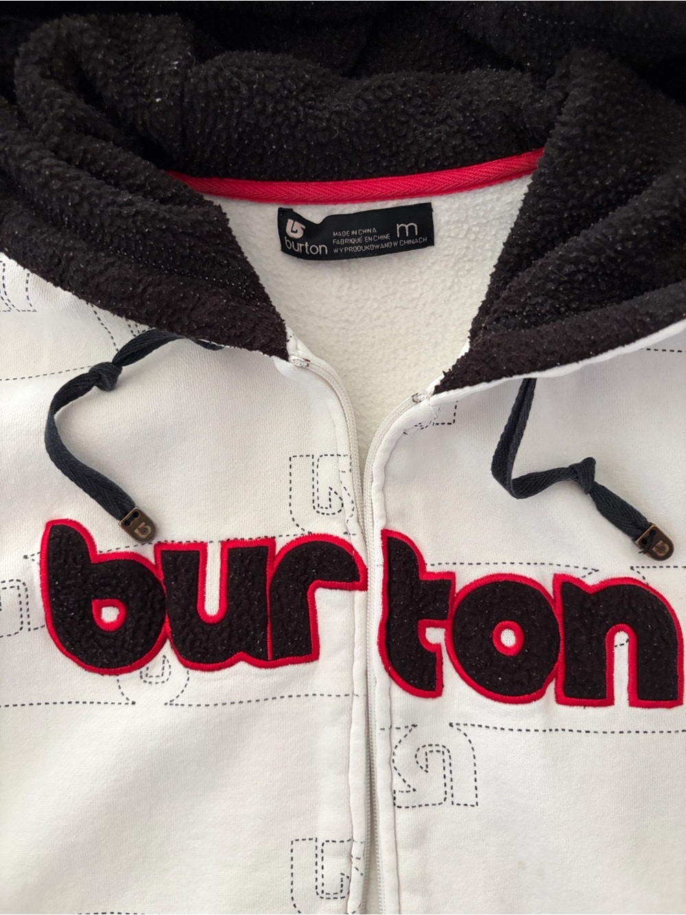 Burton White Hooded Zip Sweatshirt with Black Lining and Red Trim